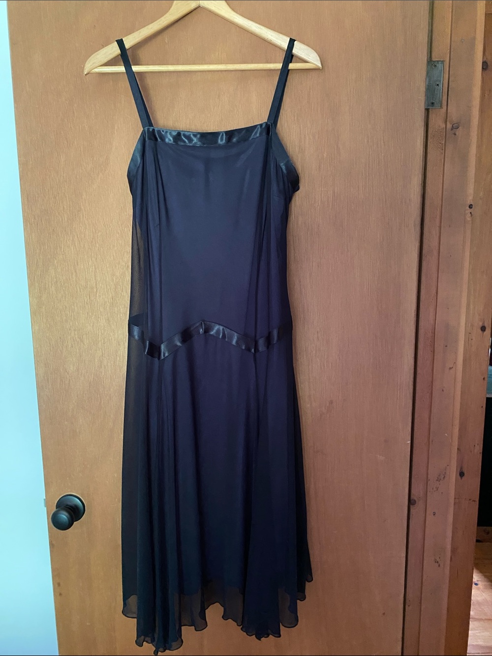 Black Satin-Trim Midi Slip Dress with Sheer Overlay